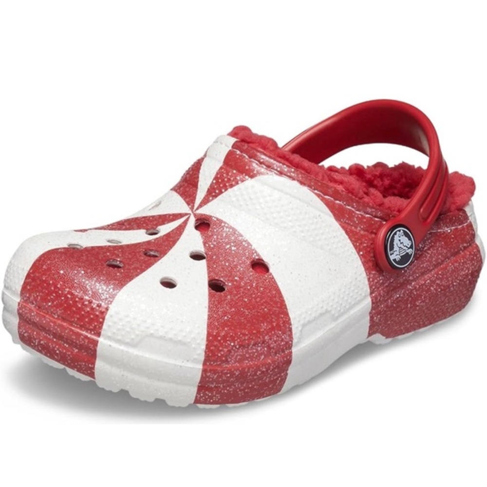 CROCS Kids Red and White Peppermint-Pattern Fleece-Lined Clog